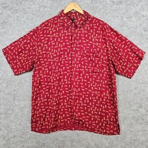 Cezani Men's Burgundy Geometric 100% Silk Shirt‎ Size L Short Sleeve Tropical